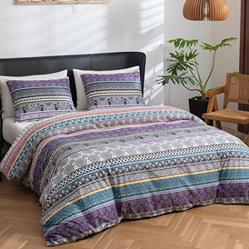 Lekesky King Duvet Cover Set Boho Purple Blue Colorful Retro Striped Print 3Pc 104 X 90 Luxury Soft Microfiber Bedding Duvet Cover With Zipper Ties #TOP2