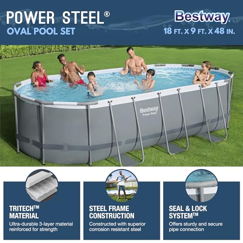 Bestway 56711E Power Steel 18' X 9' X 48 Inch Oval Metal Frame Above Ground Outdoor Swimming Pool Set thumb #1