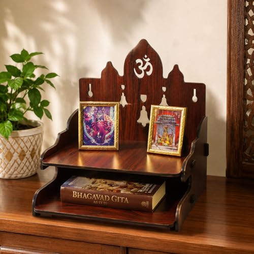 Image of Zesta Wooden Mandir for Home Big Size | DIY Pooja Mandir with LED Spot Light | Devghar Cabinet for Living Room or Office | Wall Mounted Pooja Unit for Home (Temple with 2 Steps)