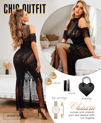 RSLOVE Women Lingerie Sexy Dress - Lace Mesh Sleepwear Maxi Nightgown Exotic Sheer Long Bridal Chemise with Detachable Sleeve4