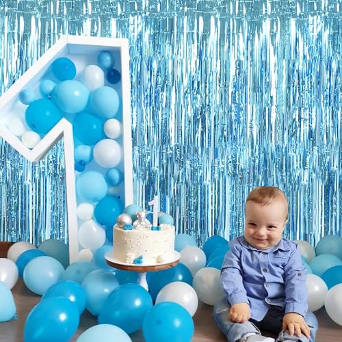Image of TONIFUL 3Pcs Light Blue Door Streamers,Light Blue Photo Booth Backdrop Metallic Streamers Foil Fringe Curtains for Birthday,Christmas,New Year,Bachelorette,Grad Party Streamers Decor(9.9ft x 6.6ft)