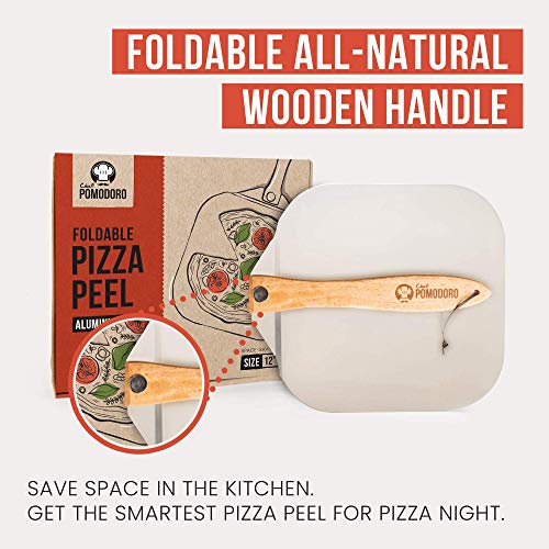 Image of Chef Pomodoro Aluminum Metal Pizza Peel with Foldable Wood Handle for Easy Storage, Pizza Spatula, Gourmet Luxury Pizza Paddle for Baking Homemade Pizza Bread (12 inch) (Pack of 2)