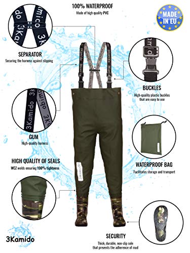 Foto von 3Kamido Kinderwathose, Jugendliche Kinder Brust Wathose - 10 Modelle, verstellbare Taille, strapazierfähige Hosenträger, Schnalle Nexus, Kinder Angeln Stiefel 20 – 35 EU (Moro Grün, 30/31)