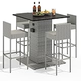 YITAHOME 5-Piece Outdoor Furniture Wicker Bar Set with Built-in Bottle Opener, Hidden Storage Shelf, Metal Tabletop, 4 Stool with Backrest for Patios, Backyards, Porches, Gardens, Poolside (Gray)