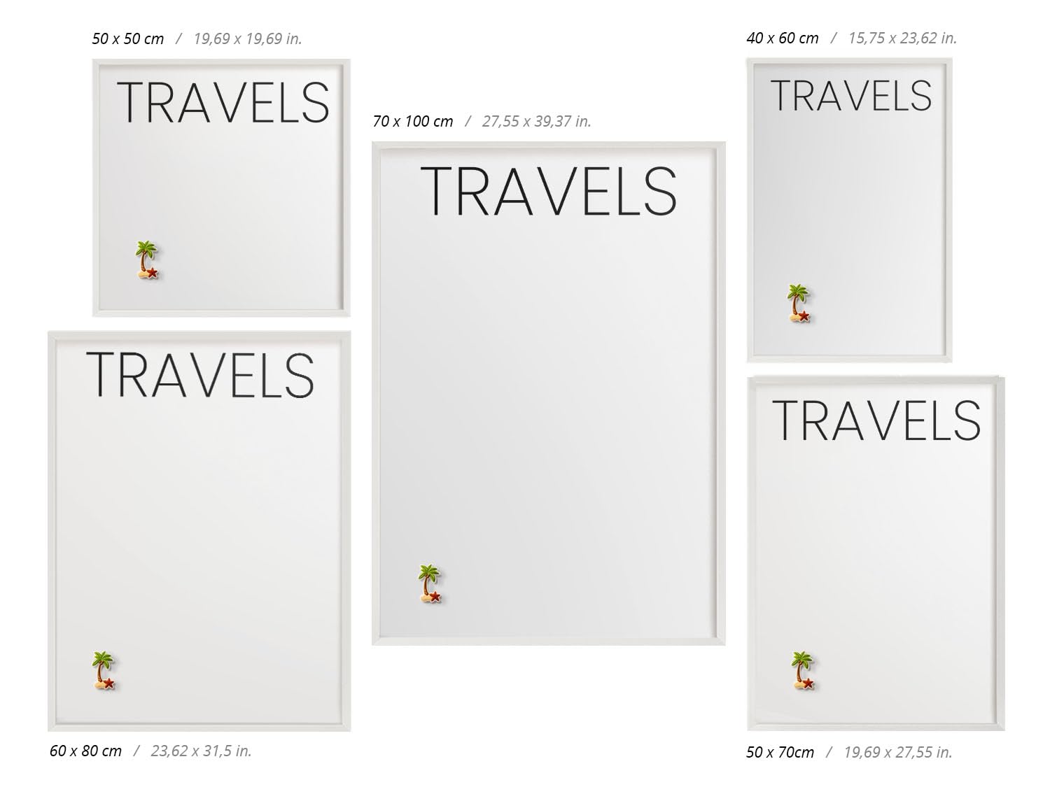 Tablero Imantado 40x60 cm | con Marco Blanco | Travels | Montaje Fácil | Pizarra Magnética | Para Souvenirs de Viaje | Para Imanes Turísticos, Fotos Polaroid y Postales | Para Cocina