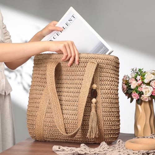 Image of Pleneal Straw Beach Bags for Women - Women Beach Handmade Woven Tote Bag, Summer Mesh Hollow Shoulder Bag for Holiday