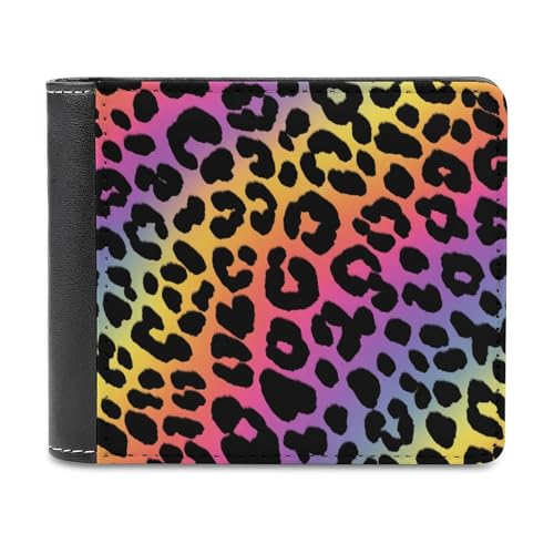 Neon Leopard Pattern Soft PU Leather Bifold Wallet, Coin Purse Credit Pass Case, Durable Card-Holder Slim Billfold for Men Woman Money Storage