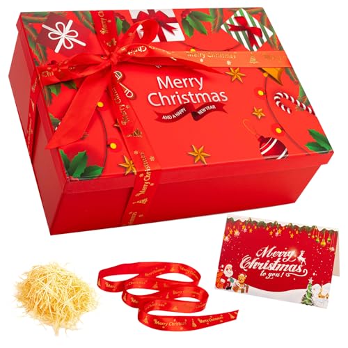 Red Christmas Boxes for Gift Medium/Large Christmas Eve Box 29x21x10cm Thick Luxury Xmas Gift Boxes for Presents with Lids Ribbon Card Foldable Xmas Eve Box for Gifts Kids Adults