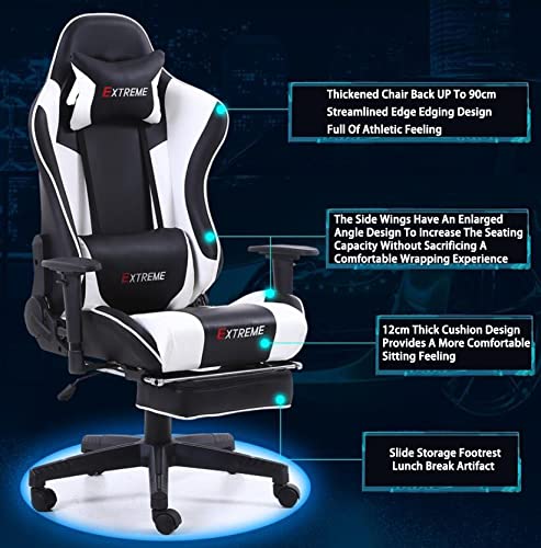 Fotel gamingowy w stylu wyścigowym - Fotel gamingowy na PC z podparciem lędźwiowym Obrotowy fotel biurowy Fotel biurowy dla dorosłych z chowanym podnóżkiem Regulowana poduszka lędźwiowa Wygodna