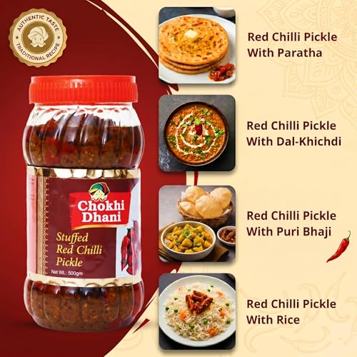 Image of Chokhi Dhani Stuffed Red Chilli Pickle 500g | Bharwa Lal Mirch Achar | Mustard Oil Indian Pickle | Spicy & Tangy | No Preservatives | Homemade Style | Veg