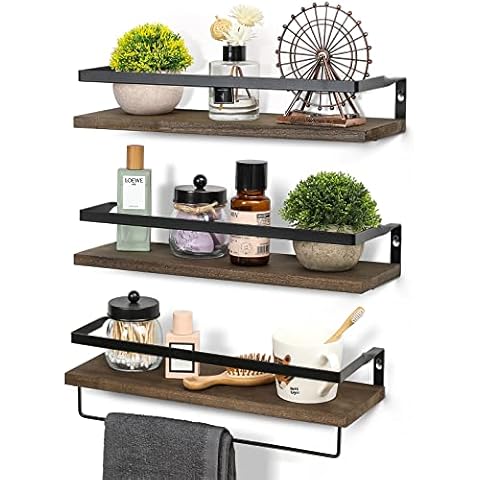Set of 3, Wall Floating Bathroom Shelves with 1 Towel Bar - Wall Mounted Hanging Shelf for Bedroom, Living Room, Kitchen Storage Organizer - Rustic Farmhouse Bathroom Home Decor Clearance - Dark Brown Cover
