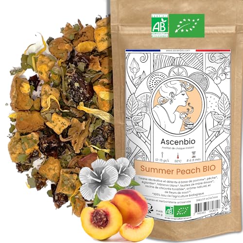 Ascenbio ✿ Infusion Summer Peach BIO ✿ Saveurs naturelles et fruitées PECHE/ICE TEA ✿ 180 g vrac ✿ Préparé et conditionné en France ✿ Emballage biodégradable
