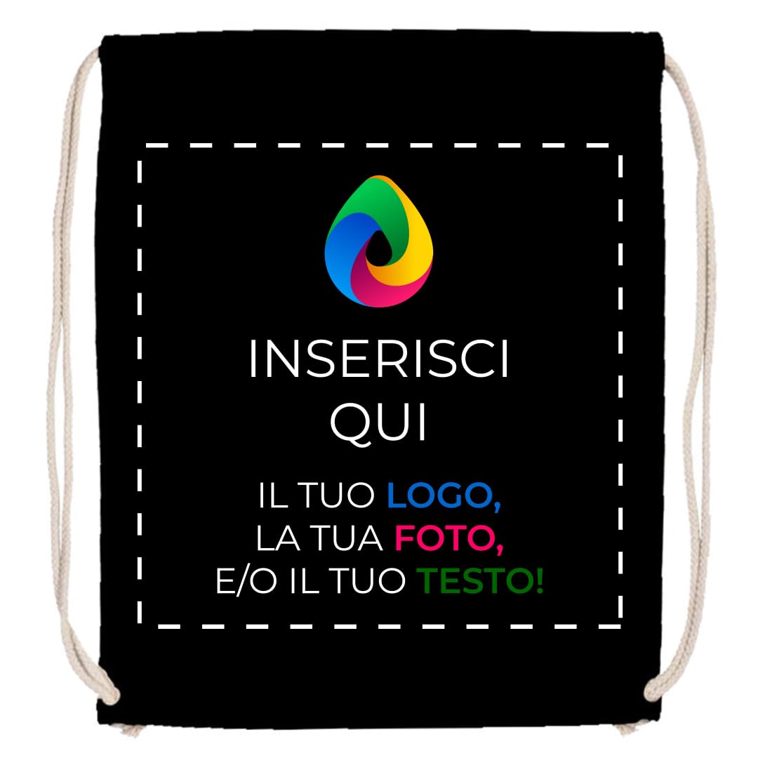 Teetaly - Sacca Zaino In Cotone Personalizzata Con Logo, Nome, Foto, Testo. Borsa A Sacchetto Con Cordoncino In Cotone Naturale