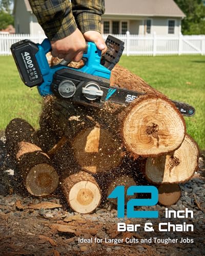 Image of SEESII Electric Chainsaw Cordless 12-inch: Brushless Battery Powered Small Chainsaw, 2 x 4.0Ah Batteries, Auto-Tension and Oiling Mini Chain Saw for Christmas Dad Men Gifts, Tree Cutting Trimming