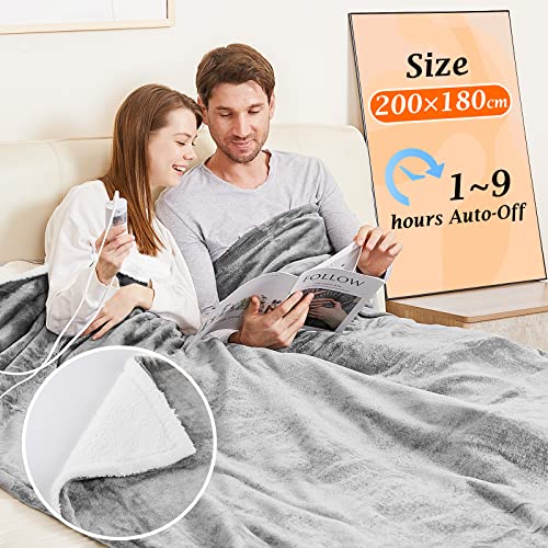 MIA&Coco Manta térmica eléctrica de Franela Sherpa de Calentamiento rápido de 200 x 180 cm, 10 Niveles de Calor, Temporizador de Apagado automático de hasta 9 Horas y Pantalla LED, Gris