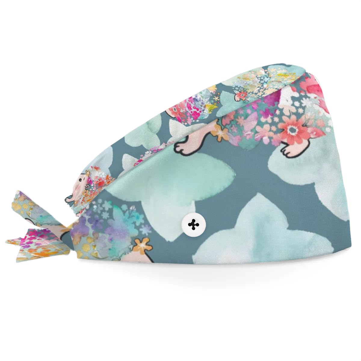 Mularoka Watercolour Flower Hedgehog Working Caps with Button Sweatband Comfortable Adjustable Bouffant Hats Work Hat for Women Men