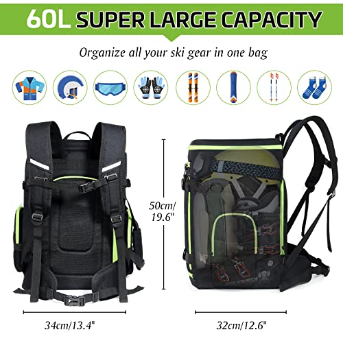 Bevalsa 60L Ski Boot Bag Backpack, 900D Waterproof Snowboard Boot Bag, Skis & Snowboard Combo Bag, Ski Helmet Bag Travel Bag For Ski Helmet, Goggles, Gloves, Skis, Snowboard & Accessories (Black) #TOP1