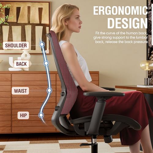 Image of ELABEST Mesh Office Chair,Ergonomic Computer Desk Chair,Sturdy Task Chair- Adjustable Lumbar Support & Armrests,Tilt Function,Comfort Wide Seat,Swivel Home Office Chair (Red)