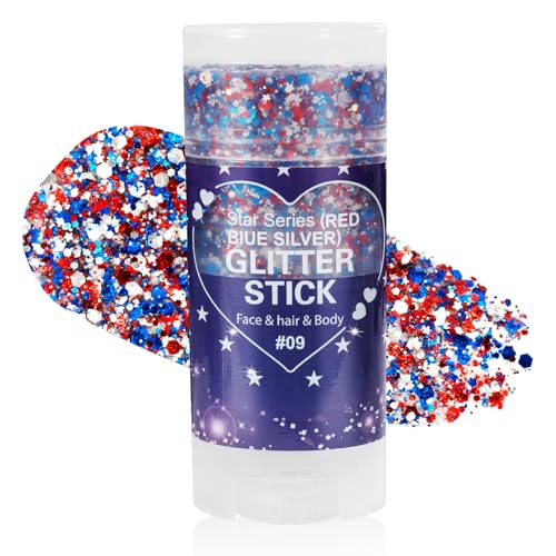 Mysense Patriotic Red White and Blue Body Glitter Stick,4th of July Accessories,Sparkling Face Hair Glitter for Fourth of July Outfit Women Kids,American Pride USA Flag Makeup for Independence Day