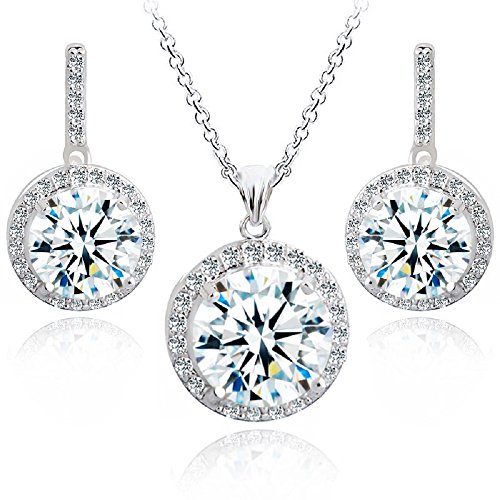 Preisvergleich Produktbild Rund Weiß Österreichische Zirkonia Kristalle Hochzeit Schmuck-Set Halskette Anhänger 45 cm Ohrringe 18 kt Weiß Vergoldet für Damen