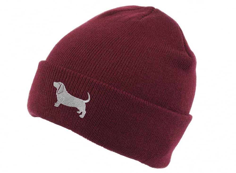 The House Of Dog: Basset Hound Owner Gift. Classic Cuffed Unisex Beanie Ski Hat with Embroidered Design. Burgundy
