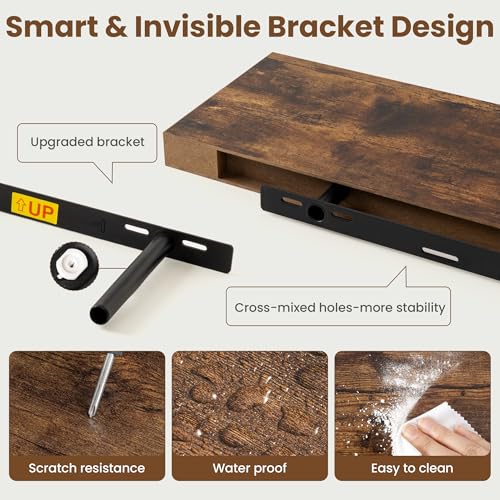 Image of 20 Inch Floating Shelves for Wall, 8 Inch Deep Floating Shelf for Storage & Display, Wall Mounted Shelf with Invisible Brackets for Living Room, Kitchen, Bathroom, Home Decor, Set of 2, Rustic Brown