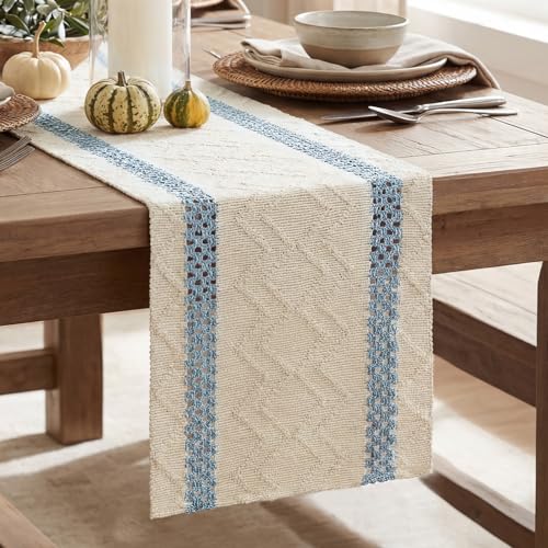 Artoid Mode Sky Blue Stripe Woven Table Runner...