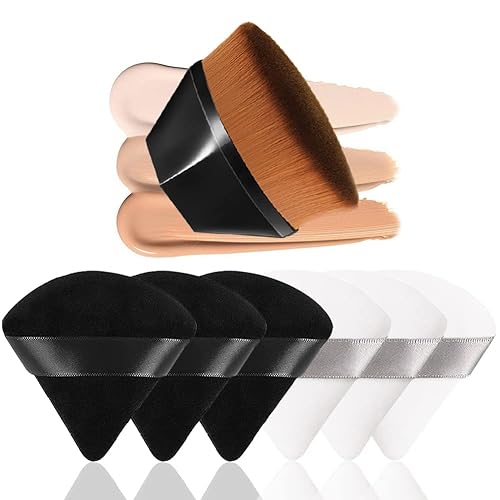 Juego de 6 brochas de maquillaje Kabuki + 1 juego de brochas de maquillaje Kabuki, almohadillas de polvo triangulares de terciopelo suave y brocha