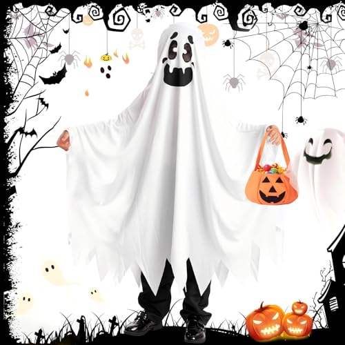 ZZQVIP Disfarce de fantasma infantil com capa, bolsa de abóbora e design, perfeito para o Halloween costume, disfarce de fantasma infantil ideal para festas, coleção de doces e eventos de Halloween