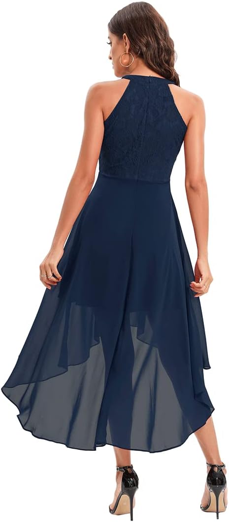 Women Halter Neck High Low Cocktail Skater Dress Vintage Floral Lace Chiffon Bridesmaid Dress Hi Lo Wedding Swing Party Dress - Image 3