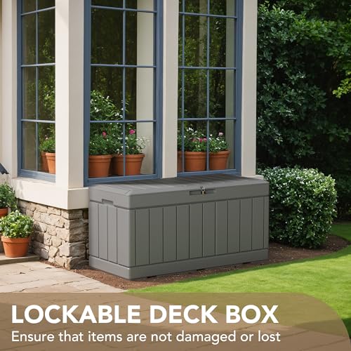 Image of Devoko 85 Gallon Deck Box Lockable Resin Outdoor Storage Box waterproof Outdoor Container for Patio Furniture Cushions, Pillow (Grey)