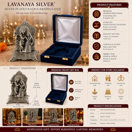 Image of Lavanaya Silver - Silver Plated Radha Krishna Idol with Velvet Gift Box | Decorative Statue for Home Temple & Decor | Ideal for Wedding, Anniversary, Housewarming, Birthday, Return & Diwali Gift