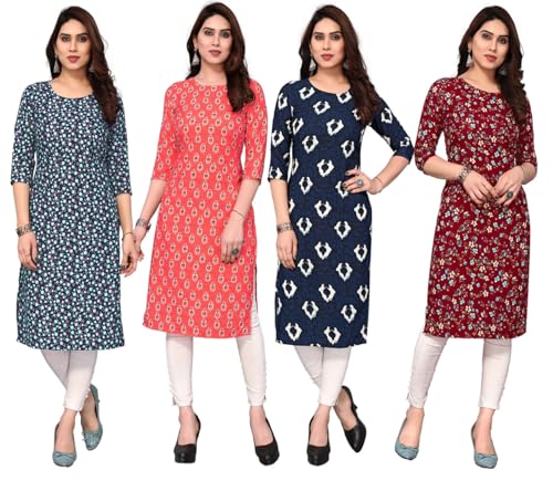 Image of JAKHANA Women's Crepe Printed Casual Straight Calf Length Round Nick Kurta Pack of 4