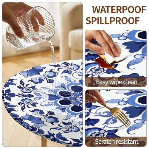 Round Fitted Tablecloth with Elastic Edge, Stain Resistant Waterproof Fabric Table Cover for 45"-48" Round Table, Indoor Outdoor Dining, Kitchen Decor, Camping, Holiday, Party, Blue Tile by Generic - Used condition - Image 3