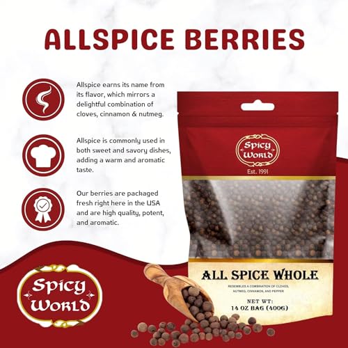 Spicy World Whole Allspice Berries 14 Oz Resealable Bag | All Spice Pimento Jamaica Pepper for Cooking & Seasoning | Versatile Berry for Curries, Soups and even Pastries - Image 2