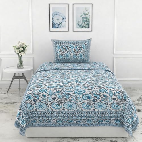 Image of elanorhomes 100% Cotton 240 TC Single Bed Sheet Set | Floral Hand Printed Bedsheet with Pillow Cover | Soft Breathable Fabric for Bedroom | 60x90 Inches (Bachelor Fulwari Print)