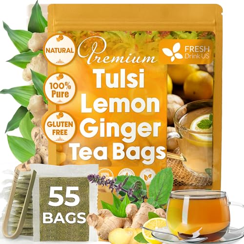 Image of FreshDrinkUS, Premium 55 Tulsi Lemon Ginger Tea Bags, 100% Natural & Pure from Tulsi Holy Basil Leaves, Lemon and Ginger. Made with Natural Material Tea Bags. No Sugar, No Caffeine, Vegan.