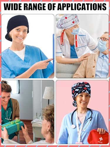 Image of 6 Pc Satin Lined Scrub Caps Women with Buttons Ponytail
