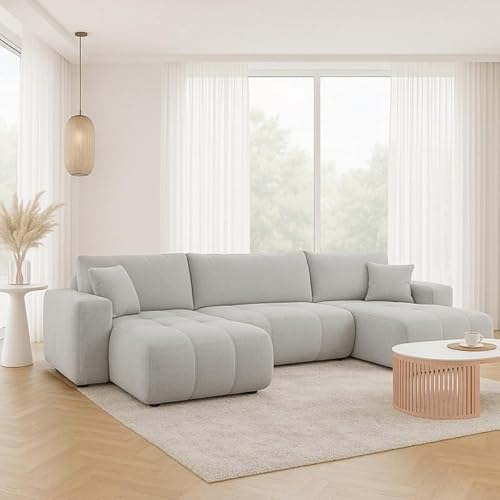 Tendencio Canapé d'angle panoramique Talia en U en Tissu Anti tâche hydrophobe Doux au Toucher (Gris)