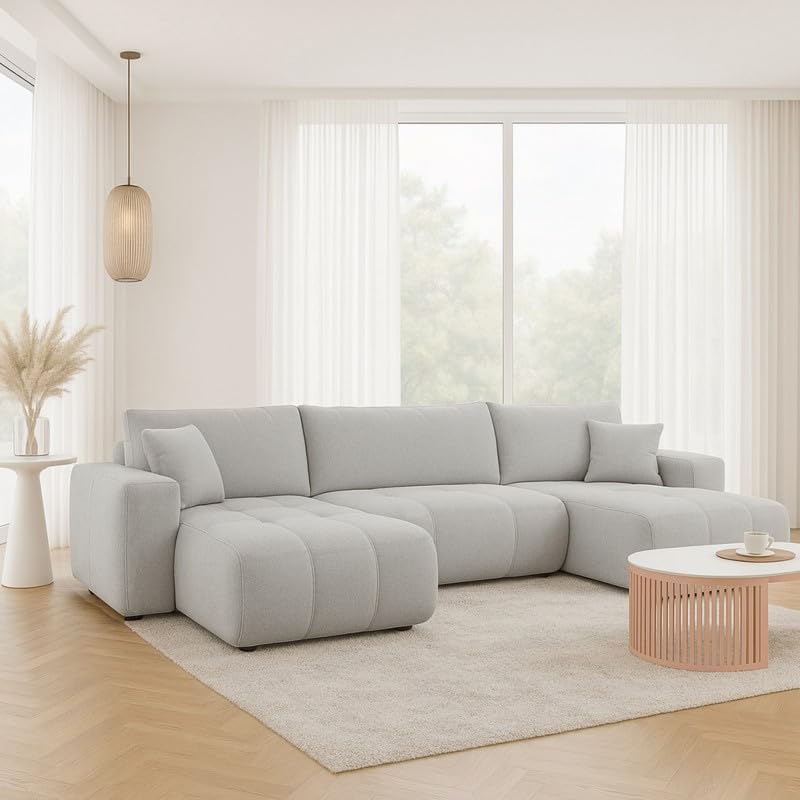 Tendencio Canapé d'angle panoramique Talia en U en Tissu Anti tâche hydrophobe Doux au Toucher (Gris)