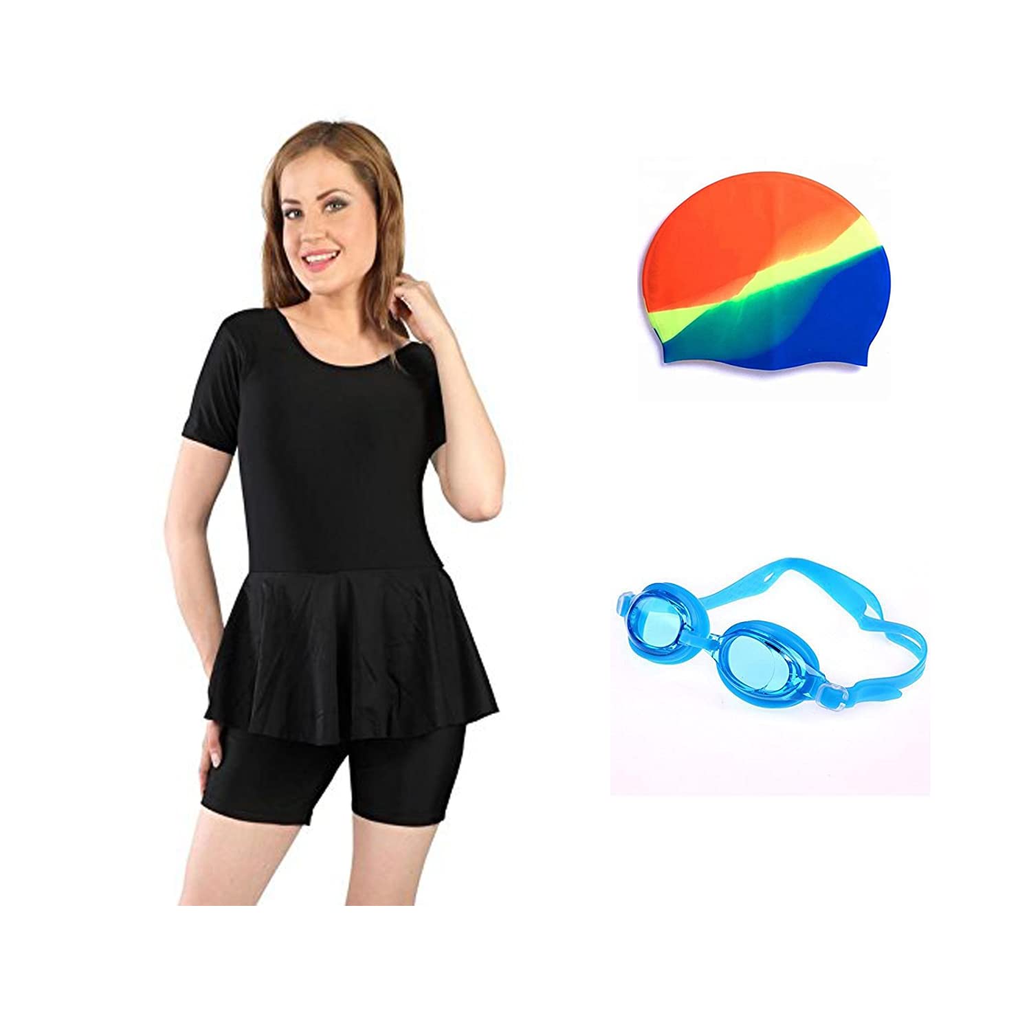 Swimming Costume Dress for Women | Swimming Goggles | Swimming Cap - Combo kit Perfect for Girls/Women (M, Black)