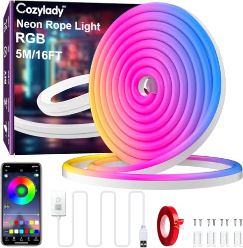 Cozylady 5M USB LED Bluetooth LED Neon Rope Lights Waterproof RGB Neon Strip Lights Music Sync Remote/APP Control Flexible LED Neon Lights for Bedroom Room IP67 Outdoor Indoor Decor