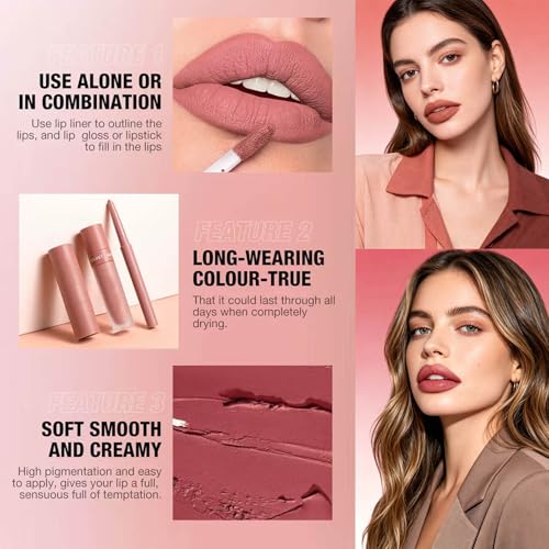 Image of Matte Lip Liner Lip Stick Lip Oil Set, Lip Makeup Set Natural Smooth Long-Lasting And Hydrating Beauty Daily Cosmetics Gift for Girls Easy-to-Use(#03)
