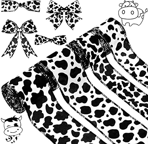Kuscul 4 Rolls 20 Yards Cow Print Wired Edge Ribbons Black White Cow Spot Pattern Ribbons Cow Print Ornaments Fabric Ribbons Animal Print Ribbon For Wreaths Diy Craft Home Party Decoration, 2 Styles #TOP1