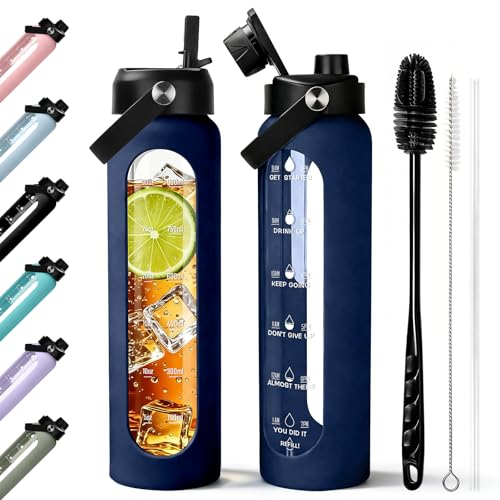 Image of Aqulea 32 oz Glass Water Bottle with 2 Lids - Spout & Straw Lids, 1L Motivational Borosilicate Glass Water Bottle with Time Marker & Silicone Sleeve, Leakproof (Blue)