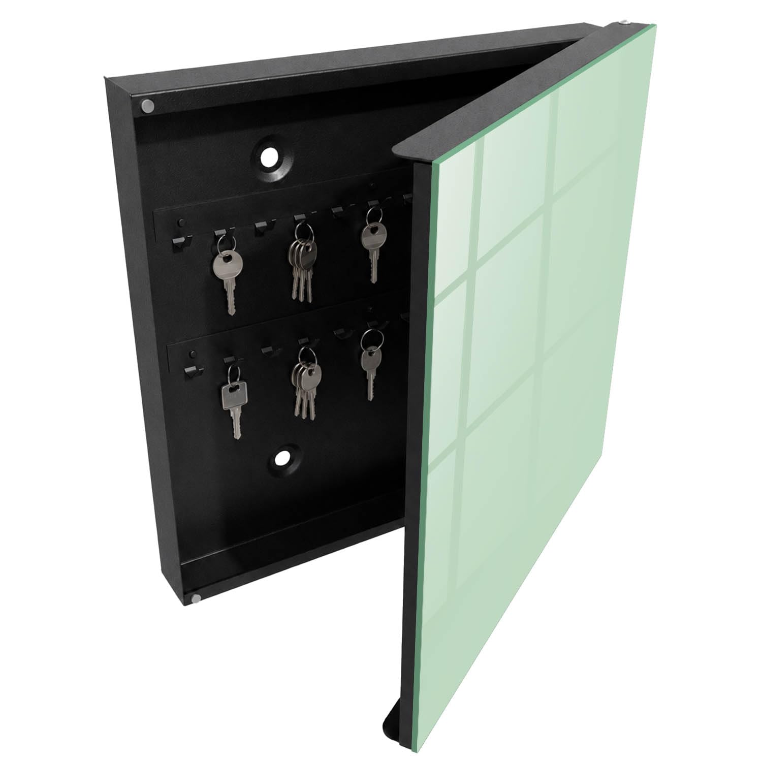 Tulup Armario para Llaves 30x30 cm | Negros | Derecha | Montaje en Pared | Verde menta | de Metal | 50 Ganchos | Frente Decorativo de Cristal | Kit de Montaje Incluido | Organizador