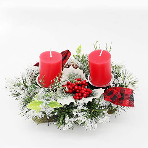 2 en 1 Navidad Portavelas, Escarchado Abeto Anillos de Vela con Candelabro Decorativo Bayas Rojas Cono de Pino Adornos de Brillo, Soporte de Velas Columna para La Misa del Gallo Decoración de Mesa Cover