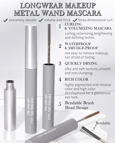 Washable Metal Rod 3D Mascara-2Pcs Waterproof Black Brown Extra Slim Tubing Mascara Volume and Length,Longlasting Smudgeproof Curling Eyelash Bendable Iron Brush Wand Mascara,Makeup Gift Set for Women - Thumbnail 3