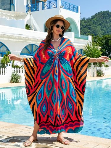 Image of IMAGEKOPE Women's Plus Size Animal Print V-Neck Batwing Kaftan Beach Dress Bathing Suit Cover-Up Loungewear