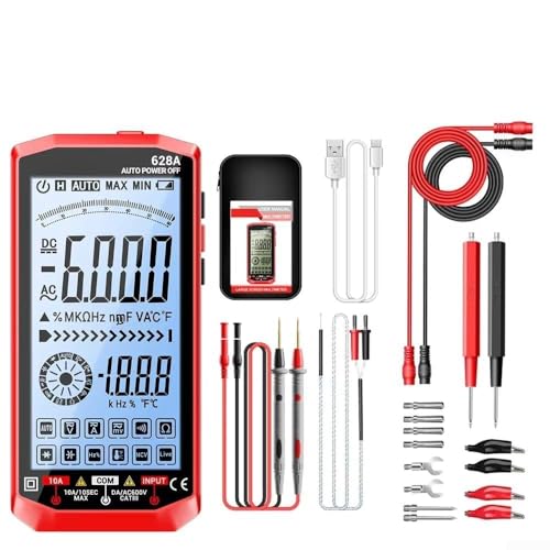 Multímetro inalámbrico digital 628A con verdadero RMS, pantalla LCD retroiluminada grande, detección NCV, rango automático y batería recargable USB C (628A rojo Pro)